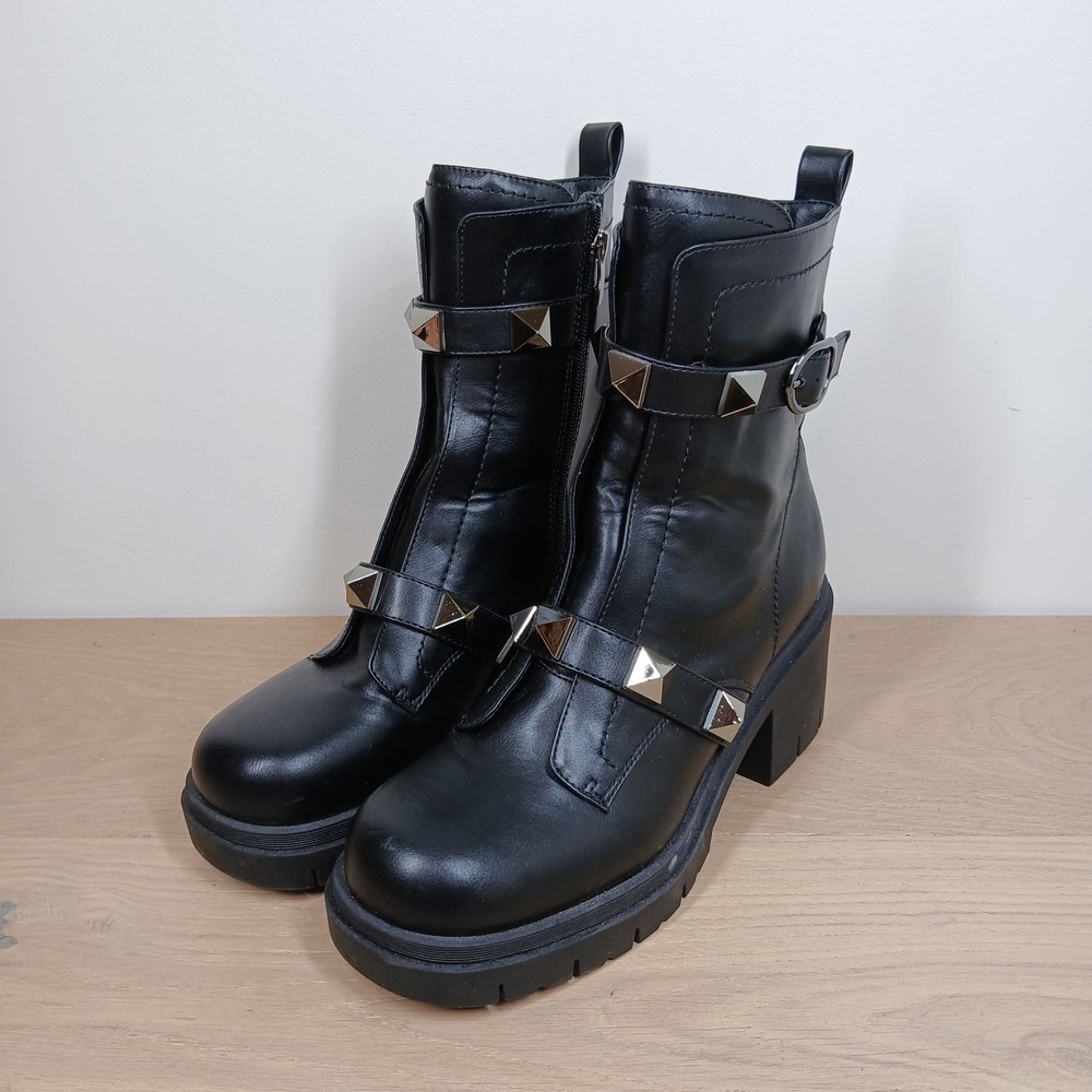 Nine West Boots Womens 9.5 Black Leather Studded Buckle Moto Platform Combat